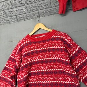 Knit Knit Mens Red Fair Isle Geometric Ramie Cotton Crewneck Sweater Size M